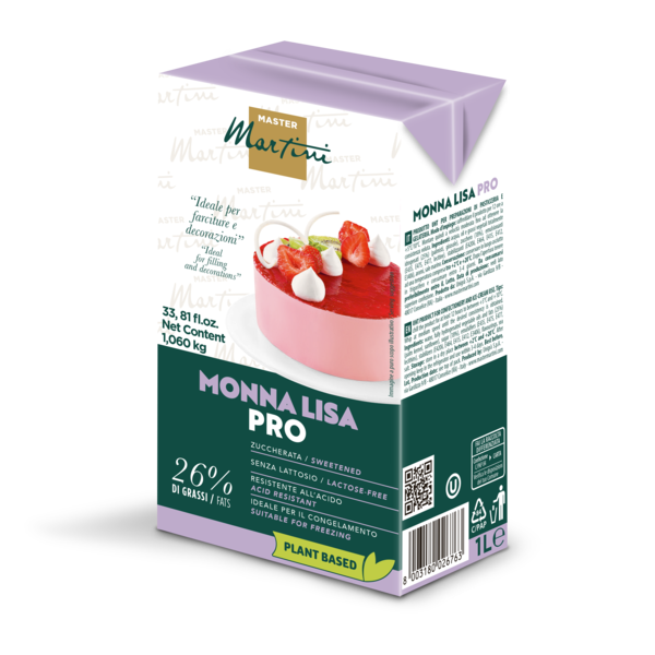 Nata vegetal para montar Master Martini Monna Lisa Pro, envase de 1L, sin lactosa, con imagen de tarta de fresa