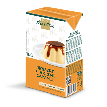 Envase de 1L de mezcla para postre crème caramel Master Martini con flan de caramelo en plato blanco.