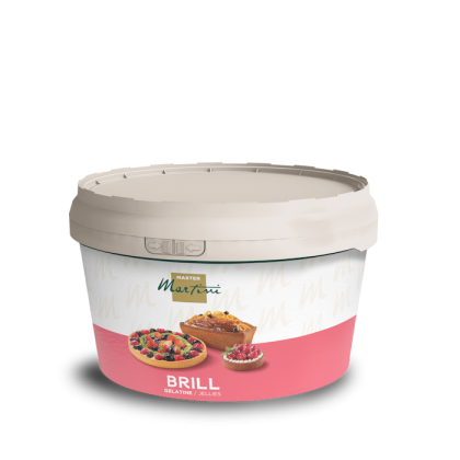 Tarrina de gelatina/glaseado Master Martini Brill con tapa beige, etiqueta con tartas de fruta sobre fondo blanco y rosa