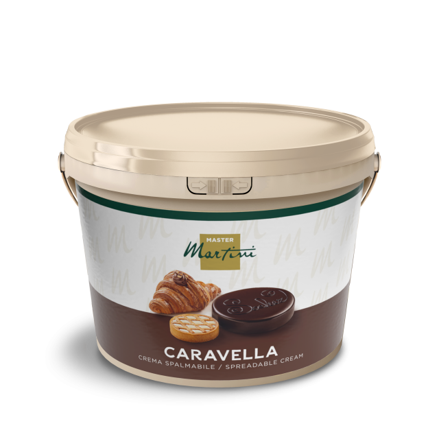 Cubo beige de crema untable Master Martini Caravella, con imágenes de croissant, tarta y chocolate.