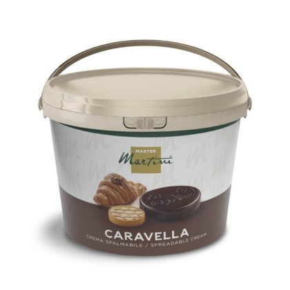Cubo beige de crema de chocolate para untar Master Martini Caravella, con etiqueta de croissant y galletas