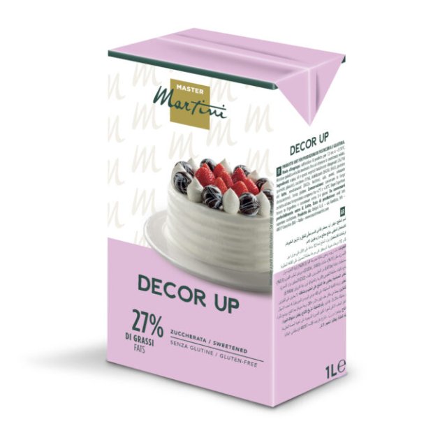 Nata montada azucarada Master Martini Decor Up de 1 litro, 27% grasa, sin gluten, envase rosa con imagen de tarta
