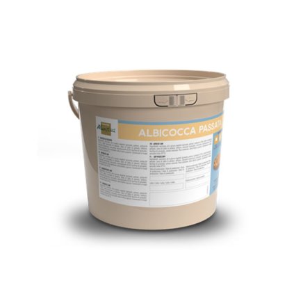 Cubo de plástico beige etiquetado "Albicocca Passata" puré de albaricoque, con texto informativo en el frente.