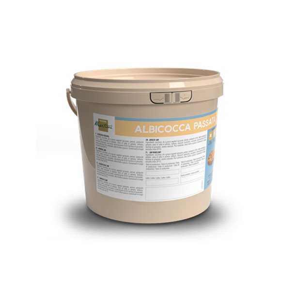Cubo de plástico beige etiquetado "Albicocca Passata" puré de albaricoque, con texto informativo en el frente.