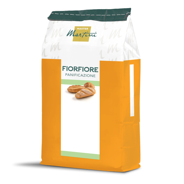 Bolsa naranja y blanca de harina Master Martini Fiorfiore Panificazione con imágenes de baguettes en la etiqueta