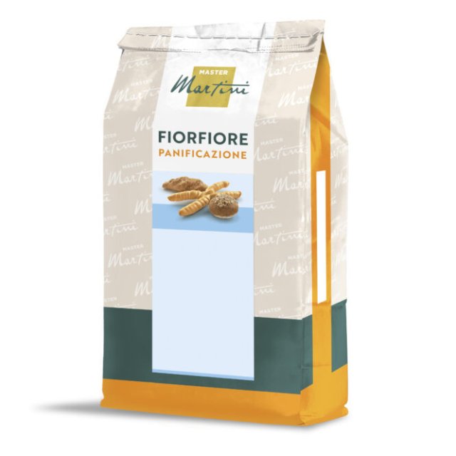 Bolsa de mezcla para pan Master Martini Fiorfiore Panificazione, envase beige con base naranja e imágenes de panes.
