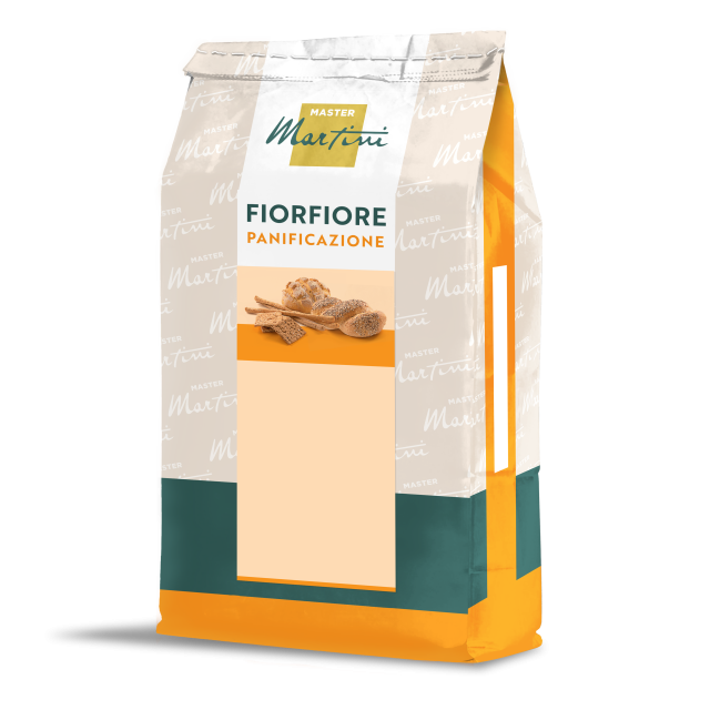 Bolsa de harina Master Martini Fiorfiore Panificazione con ilustración de panecillos en envase beige, naranja y verde...