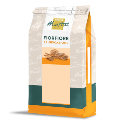 Bolsa de harina Master Martini Fiorfiore Panificazione con ilustración de panecillos en envase beige, naranja y verde...