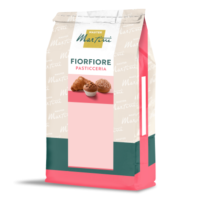 Bolsa de mezcla de harina Master Martini Fiorfiore Pasticceria en envase crema, rosa y azul petróleo con imágenes de ...