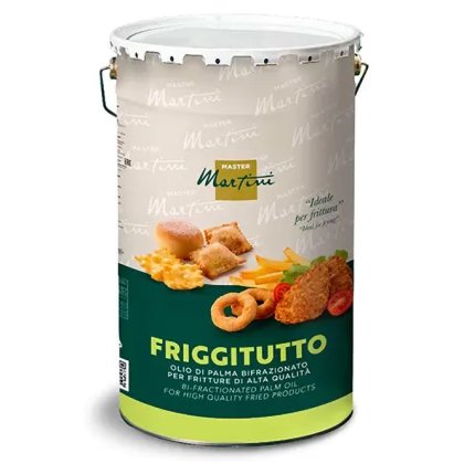 Cubo metálico de aceite de palma bifraccionado Master Martini Friggitutto, etiqueta verde con imágenes de frituras.