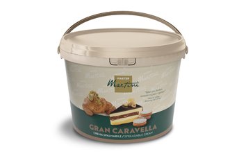 Cubo de plástico beige de crema para untar Master Martini Gran Caravella con imágenes de croissant y tarta de capas