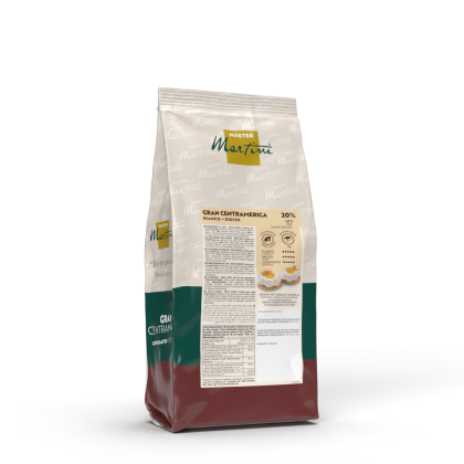 Bolsa de discos de chocolate blanco Master Martini Gran Centramerica, 20% cacao, envase crema, verde y burdeos.