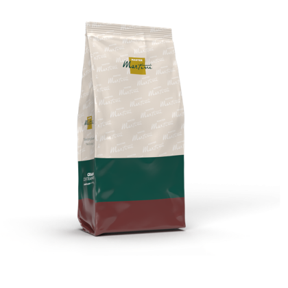 Bolsa stand-up de mezcla de café Master Martini, parte superior blanca, base verde y granate