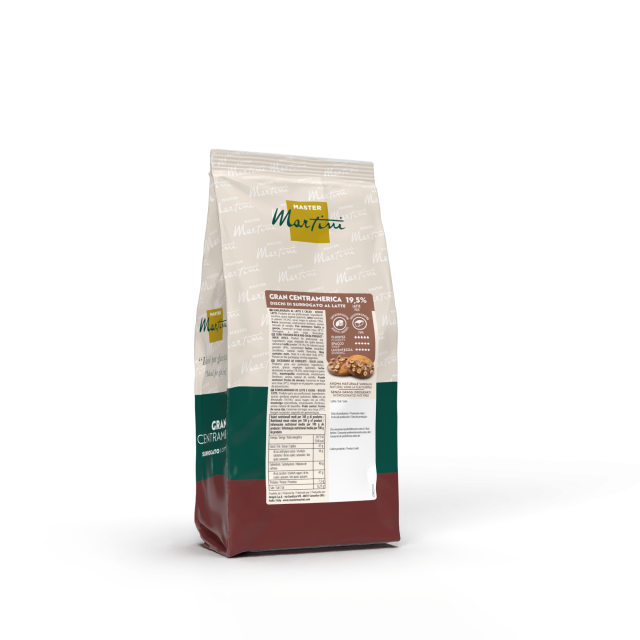 Bolsa stand-up de discos de chocolate con leche Master Martini Gran Centramerica 19,5%, envase crema, verde y granate