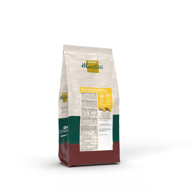 Bolsa resellable de café Master Martini Gran Centramerica, parte superior crema y base verde oscuro y granate.