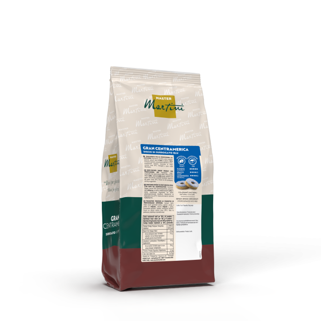 Bolsa de café Master Martini Gran Centramerica con envase beige, verde y granate y etiqueta nutricional