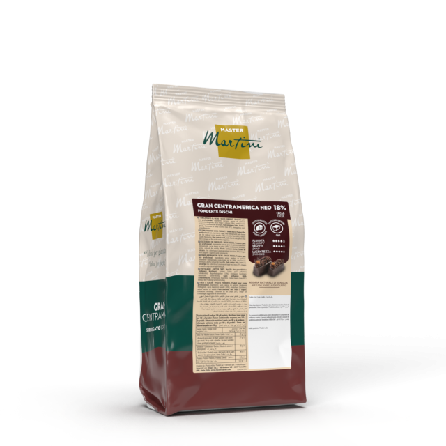 Bolsa de discos de chocolate negro Master Martini Gran Centramerica Neo 18%, envase blanco, verde y granate.