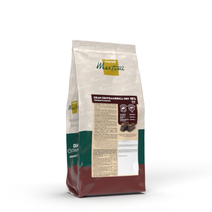 Bolsa de discos de chocolate negro Master Martini Gran Centramerica Neo 18%, envase blanco, verde y granate.