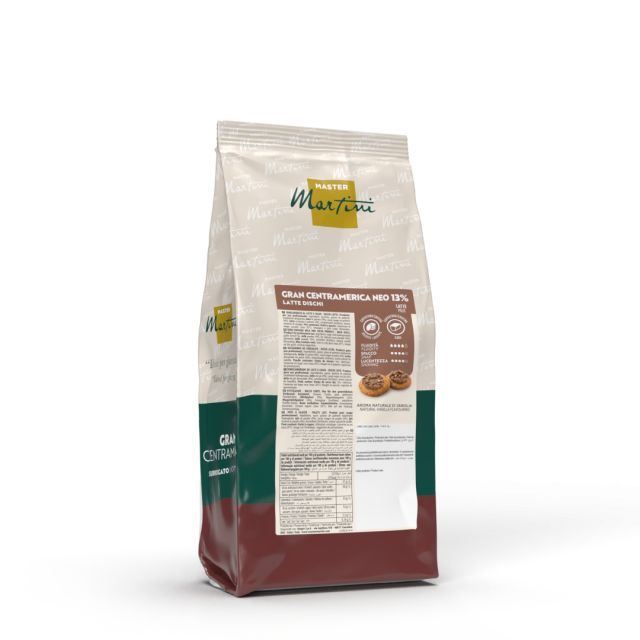 Bolsa de discos de chocolate con leche Master Martini Gran Centramerica Neo 13%, envase crema, verde y granate