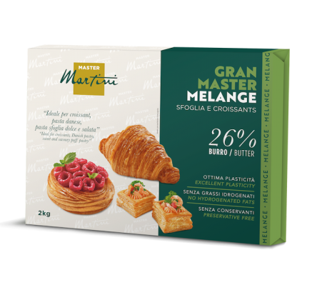 Caja Master Martini Gran Master Melange de 2kg, mantequilla 26%, con croissant, hojaldre danés y bocados de hojaldre.