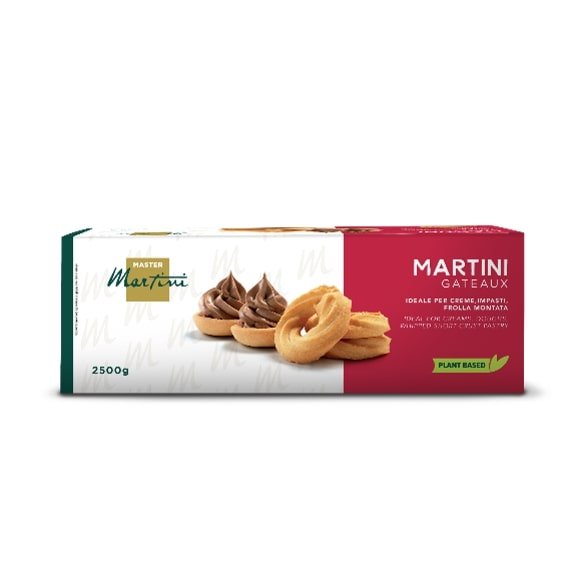 Caja Master Martini Gateaux, 2500g, masa quebrada vegetal con tartaletas de crema de chocolate y aros de pastelería.