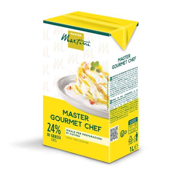 Envase amarillo de 1L de nata para cocinar Master Martini Gourmet Chef, 24% grasa, con imagen de pasta en la etiqueta.