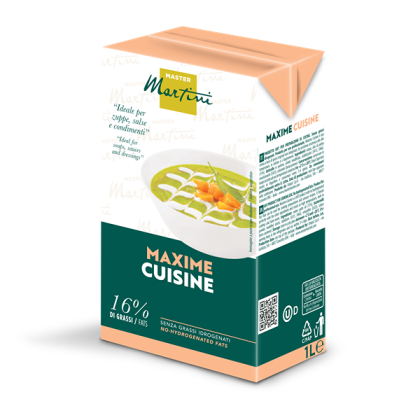 Envase de 1L de nata para cocinar Master Martini Maxime Cuisine, 16% grasa, con sopa verde en la etiqueta.