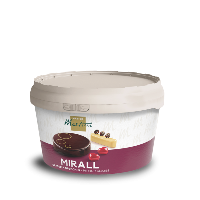 Cubo de glaseado espejo Master Martini Mirall, tapa beige y etiqueta burdeos con postres brillantes.