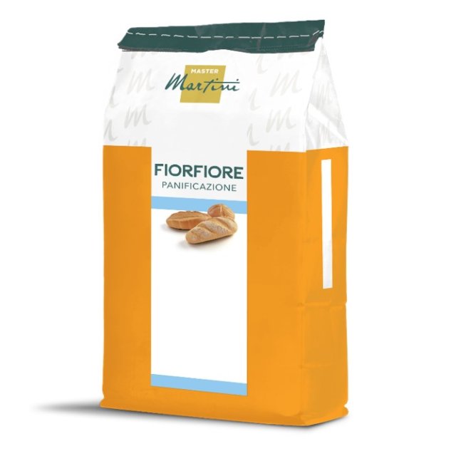 Bolsa naranja y blanca de harina Master Martini FiorFiore Panificazione con panecillos en la etiqueta.
