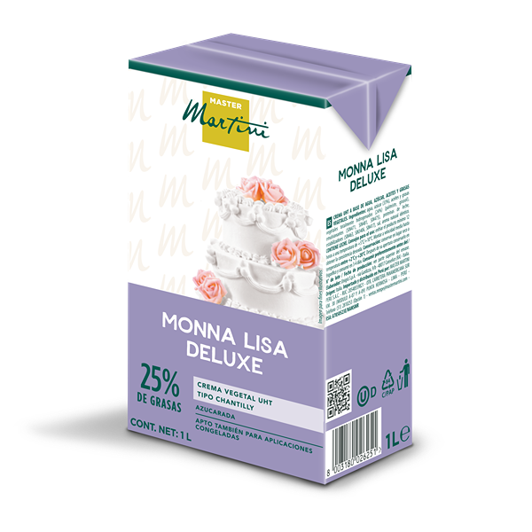 Envase morado de 1L de nata para montar Master Martini Monna Lisa Deluxe, 25% de grasa, con imagen de tarta en capas.