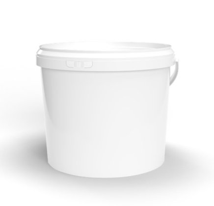 Cubo de plástico blanco con tapa sellada y asa plegable, sobre fondo blanco