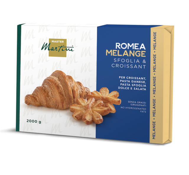 Caja de 2000g de grasa para croissant Master Martini Romea Melange, con croissant y hojaldre en forma de estrella
