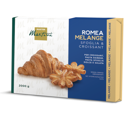 Caja de 2000g de grasa para croissant Master Martini Romea Melange, con croissant y hojaldre en forma de estrella