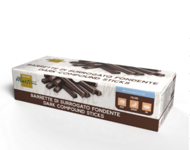 Caja de barras de chocolate sucedáneo negro Master Martini, etiquetada "Barrette di Surrogato Fondente", fondo blanco.