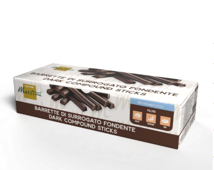 Caja de barras de chocolate sucedáneo negro Master Martini, etiquetada "Barrette di Surrogato Fondente", fondo blanco.