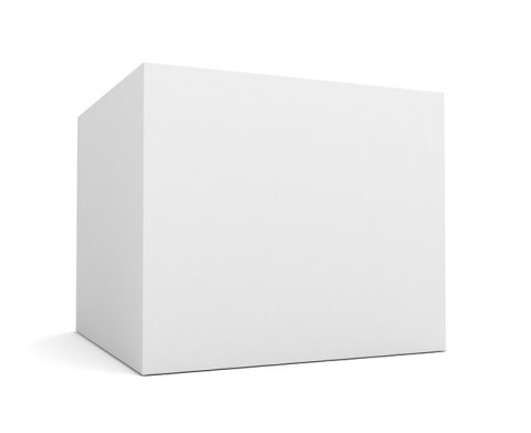 Maqueta de caja rectangular blanca en blanco sobre fondo blanco liso, en ligero ángulo