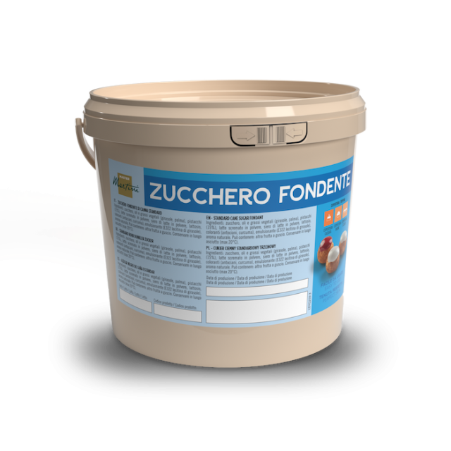 Cubo de plástico beige etiquetado como "Zucchero Fondente" con etiqueta azul y blanca, sobre fondo blanco.