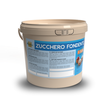 Cubo de plástico beige etiquetado como "Zucchero Fondente" con etiqueta azul y blanca, sobre fondo blanco.