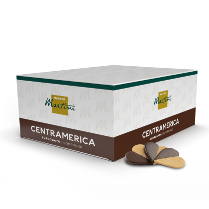 Caja de cobertura de chocolate Master Martini Centramerica, con discos de wafer cubiertos de chocolate negro al lado
