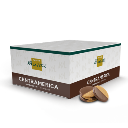 Caja de chocolate compound Master Martini Centramerica blanca y marrón junto a barquillos redondos bañados en chocolate.