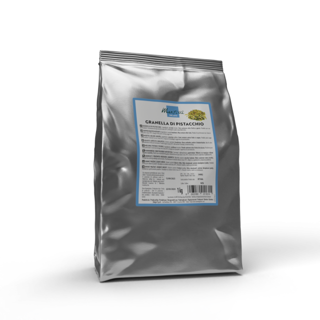 Marfuli pistacho picado 1kg bolsa de aluminio plateada, etiqueta azul, fondo blanco