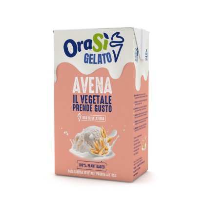 Envase Tetra Pak de OraSì Gelato Avena, base de avena 100% vegetal color melocotón para helado.