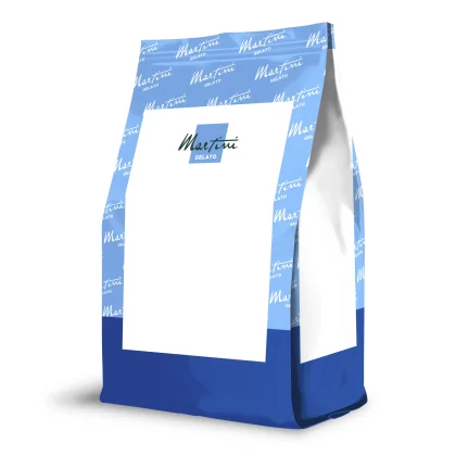 Mockup de bolsa stand-up azul y blanca con marca "Martini Gelato" y espacio de etiqueta en blanco para diseño de prod...