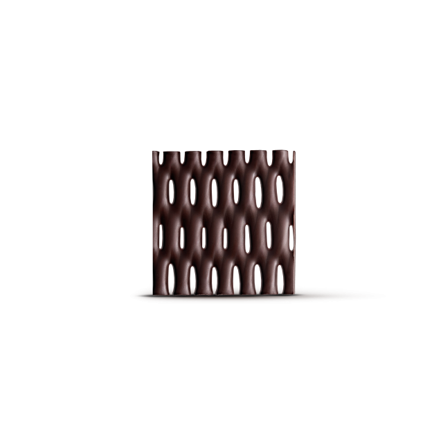 Panel rectangular marrón oscuro con patrón trenzado tipo cesta y perforaciones ovaladas verticales, fondo blanco