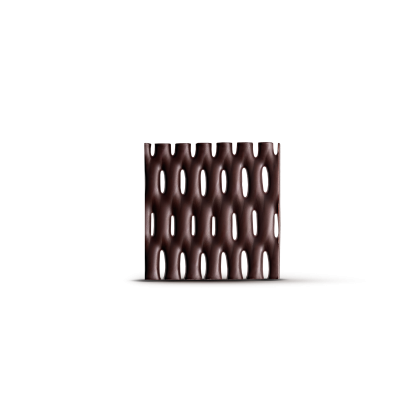Panel rectangular marrón oscuro con patrón trenzado tipo cesta y perforaciones ovaladas verticales, fondo blanco