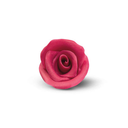 Rosa de color rosa oscuro, elaborada en fondant o pasta de goma, sobre fondo blanco.
