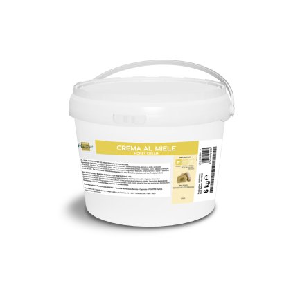 Cubo de plástico blanco de 6 kg con asa, etiquetado "Crema al Miele" crema de miel para panadería profesional