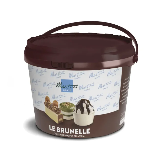 Cubo de plástico marrón de crema suave Martini Gelato "Le Brunelle", etiquetado con avellana, pistacho y chocolate