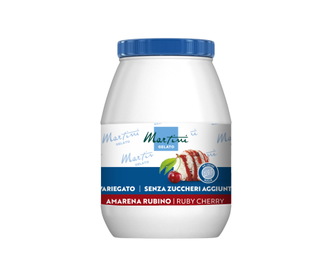 Tarrina plástica blanca de Martini Gelato con tapa azul, etiquetada Amarena Rubino sabor cereza, sin azúcar añadido